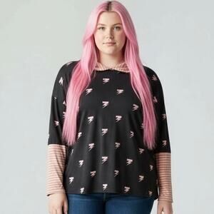 Honeyme Women's Hooded Top Large Black Pink Lightning Bolt Long Sleeve